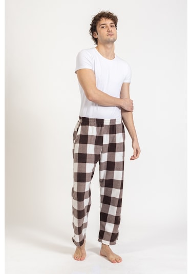 Erkek Polar Kışlık Eşofman Alt Desenli Tampap Polar Alt- 1060 Krem