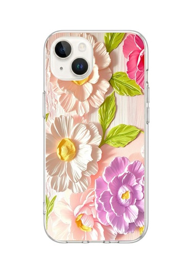 iPhone 13/14 Uyumlu Beyaz Papatyalar Baskılı Silikon Kılıf Renkli