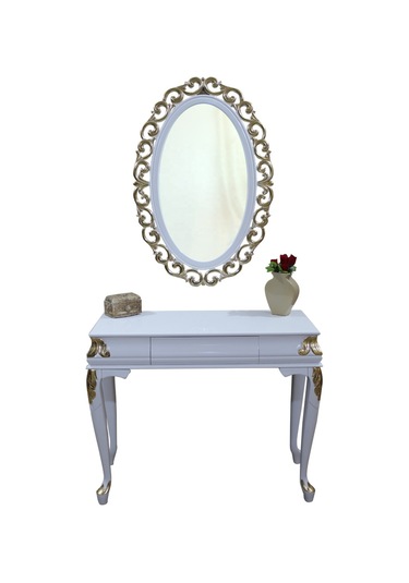 Dresuar-Zigon Takım ASLAN Model Kayın Oyma Varak Parlak Beyaz Boya Nakış OVAL ayna El Yapım Beyaz