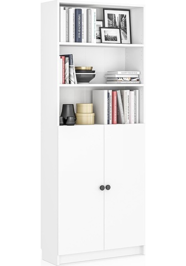 Bili Kitaplık 5 Raflı 2 Kapaklı Çok Amaçlı Ofis Salon Kitap Dosya Rafı Beyaz Beyaz