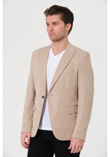 Bonesti Erkek Slim Fit Blazer Ceket Krem Kırçıllı