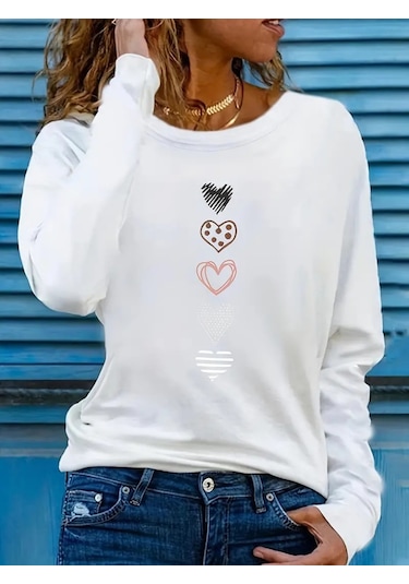 Kadın Uzun Kollu Bisiklet Yaka Desenli Viskon Bluz Beyaz