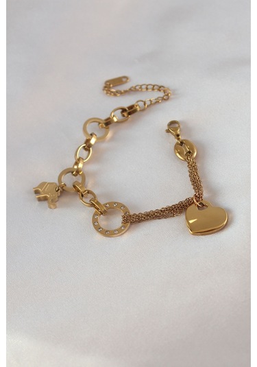 316l Çelik Gold Renk 2'li Zincir Model Zirkon Taş Detay Kadın Bileklik Altın