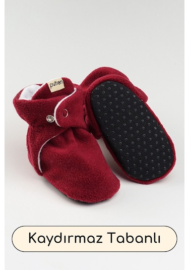 Organik Pamuk Astarlı, Bebek İlk Adım Ayakkabısı, Kaydırmaz Taban, Bebek Pandufu, Bej Patik Kırmızı