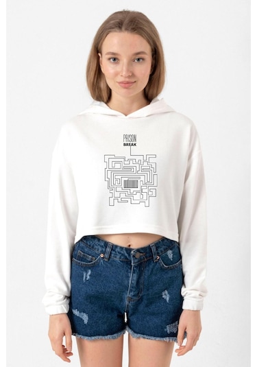 Prison Break Labyrinth Ekru Kadın Crop Kapşonlu 001