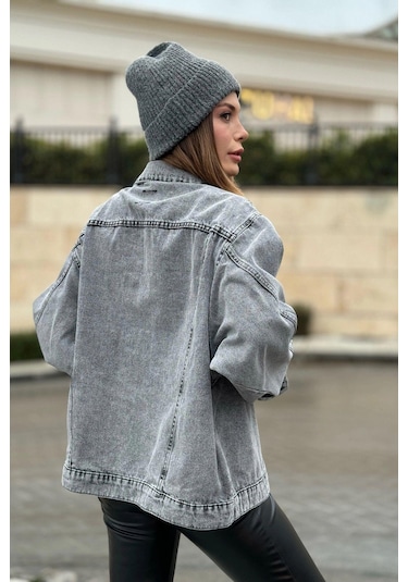 Kadın Gri Apaş Yaka, Çift Cepli, Kaliteli Jeans Kumaş, Salaş Kot Ceket Antrasit