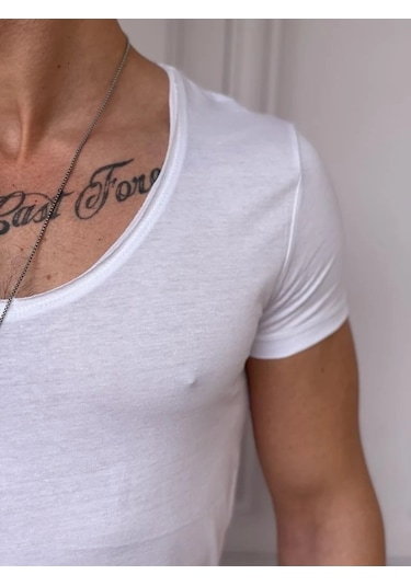 Modefendi Slim Fit Derin Açık Yaka Pamuklu Tshırt Beyaz