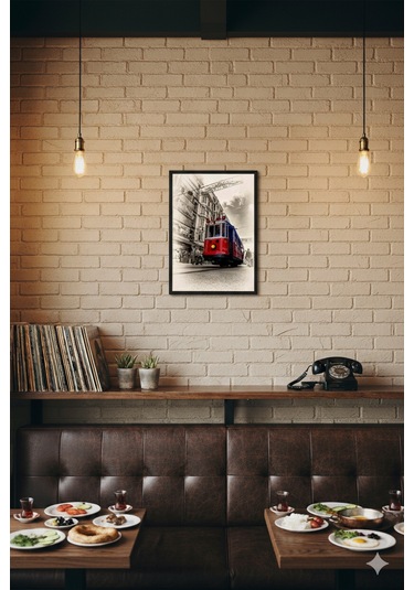 İstanbul Nostaljik Tramvay Tablosu Vintage Eskitme Şehir Poster Kırmızı Tramvay Ahşap