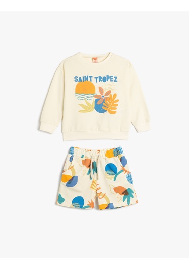 Koton Pamuklu Baskı Detaylı Şort Ve Sweatshirt Set Bej 5smb10002tk Ekru
