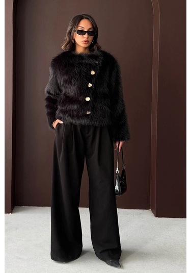 Kadın Vintage Peluş Tüylü Crop Ceket Altın Düğmeli Bisiklet Yaka Kışlık Şık Ceket Siyah