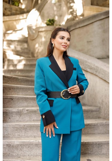 Gold Kemerli Garnili Kruvaze Takım Petrol Petrol