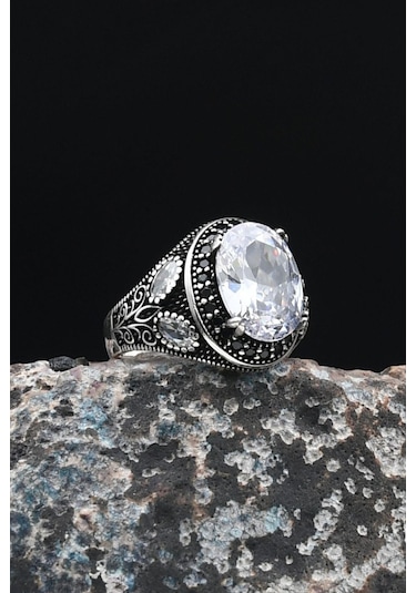 Beyaz Zirkon Taşlı 925 Ayar Gümüş Erkek Yüzüğü Zirkon Taş Süslemeli 901463 Gümüş