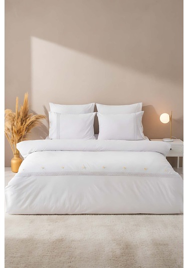 Grace Taş Güpürlü Çift Kişilik %100 Pamuklu Nevresim Seti - 6 Parça Çeyiz Seti Taş