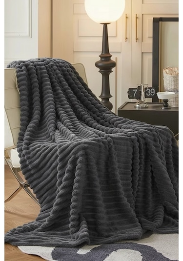 King Size Fitilli Battaniye Battal Boy 240x260 Cm Antrasit