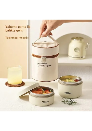 Padalink 304 Paslanmaz Çelik Isı Saklama Yemek Kutusu, Damlacık Önleyici, Ergonomik Kollü, 3'lü Set 2x440ml + 1x600ml + Isı Yalıtkan Çanta - Okul, Ofis, Dışarıda Kullanıma Ideal Bej