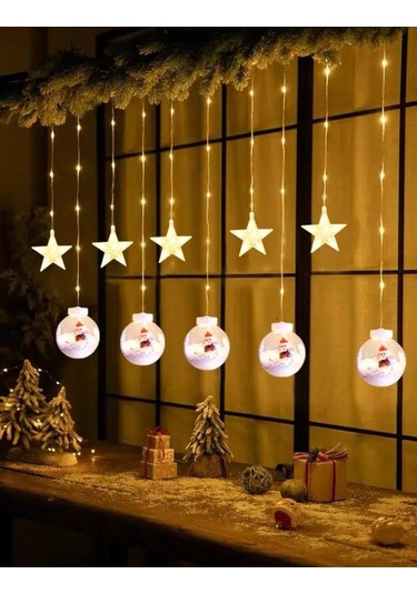 Ampul Noel Baba Ve Yıldız Figür Animasyonlu Sarkıt Perde Led Yılbaşı Parti Süs Işıkları Günışığı