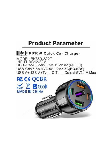 Createtech Telefonu Siyah Şarj Hızlı Hatlı Cihazı Çift Cep Araç 75w 3usb 2pd + Vg