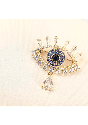 Broş Kadın Zirkon Taşlı Nazar Göz Broş Gözyaşı Yaka İğnesi Gold