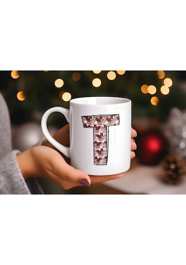 T Harfi Aşk Temalı Kupa - Kalp Desenli Kişiye Özel Romantik Sevgililer Günü Kahve Kupası Beyaz