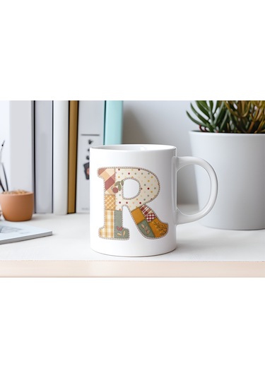 R Harfi Sonbahar Kış Temalı Yamalı Tasarım Kupa Bardak - Etnik Ve Pathwork Severlere Özel Hediye Beyaz