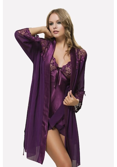 NBB Kadın Mor Fantezi Saten Gecelik Sabahlık Takım
