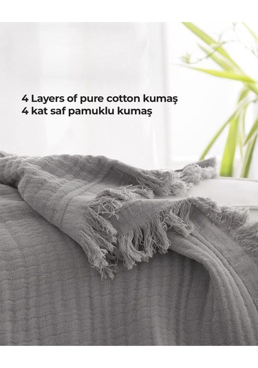 %100 Pamuk Çift Kişilik Müslin Yatak Örtüsü 4 Katlı Yumuşak Battaniye Müslin Pike Takımı 3 Parça Gri Gri