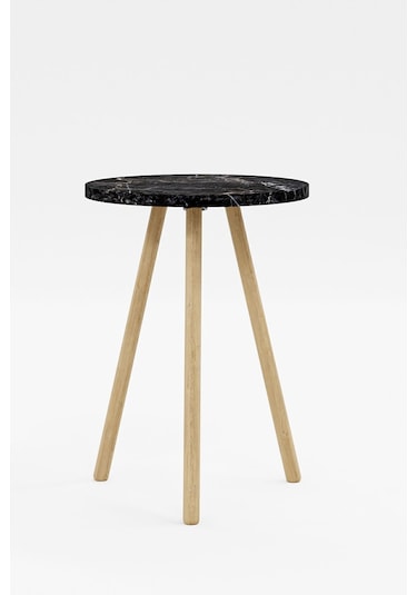 İntergo Yuvarlak Ahşap Ayaklı Tekli Zigon Yan Sehpa Siyah Mermer