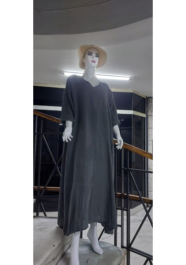 İtalyan V Yaka Uzun Kol Keten Elbise-8907 Gri