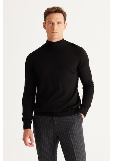 AC&Co / Altınyıldız Classics Standart Fit Normal Kesim Yarım Balıkçı Yaka Erkek Triko 4A4923100005SYH3XL Siyah