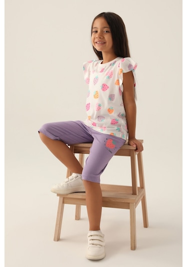 Rolypoly Strawberry Mor Kız Çocuk Kapri Takım 5274-42949 Krem - Lila