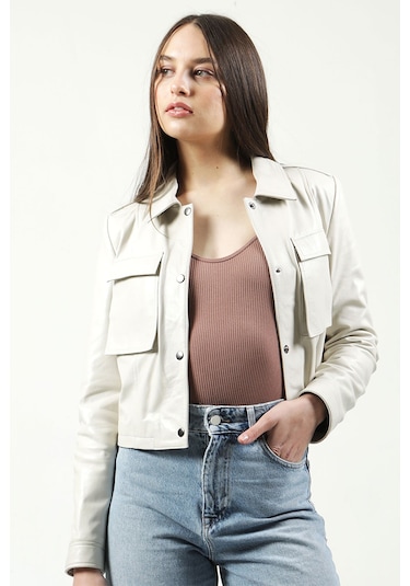 Dericlub Yb-Vgn1 Crop Fit Gerçek Deri Kadın Mont Bej