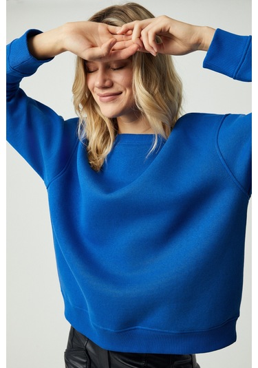 VANELTINA Kadın Organik Pamuklu Yumuşacık İçi Polarlı Yuvarlak yakalı Parlament Mavi Sweatshirt