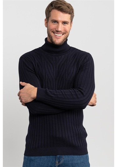 Tudors Slim Fit Dar Kesim Tam Balıkçı Yaka Saç Örgü Desenli Erkek Kazak-20004 Lacivert
