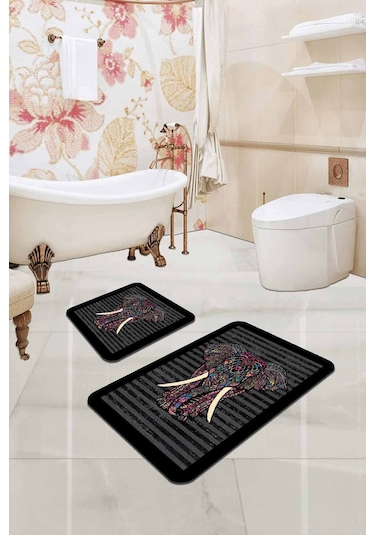 Füme Fil Desenli Banyo Halısı Klozet 2'li Paspas Seti Bs339