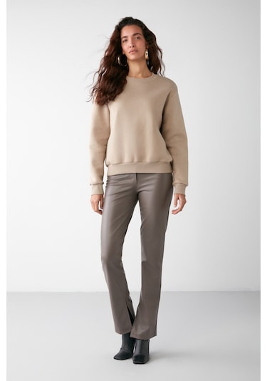 Vaneltına  Kadın Içi Polarlı 3 Iplik Organik Pamuk Oversize Basic Bisiklet Yaka Vizon Sweatshirt