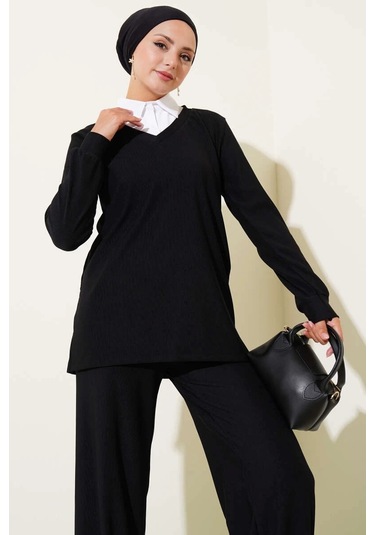 Biçomi Gömlek Yaka Fitilli Salaş İkili Takım Siyah T4300 Siyah