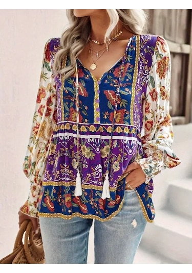 Nnstartshopping Kadın Uzun Kollu Yakası Açık Bağcıklı Çiçek Desenli Salaş Bluz Desenli
