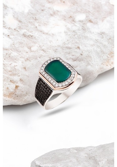 Gümüş Yeşil Akik Taşlı Süslemeli Erkek Yüzük -5109