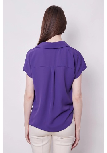 Likrasız Şık Kumaş Yakalı Düşük Omuzlu Önü Pileli Gömlek-eflatun Eflatun