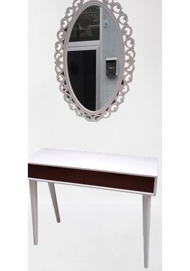 Dresuar Ahşap Kayın Retro Ayak Çift Çekmece Motifli Ayna Beyaz Ceviz El Yapımı Beyaz