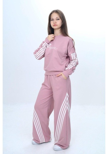 Kız Çocuk %100 Pamuk Şeritli Oversize 2 İplik Alt&üst Eşofman Takımı-305-eşt-0009 Pudra