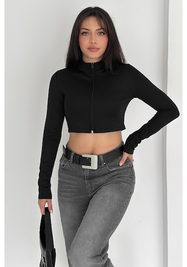 Kadın Fermuarlı Crop Ceket Dinamik & Modern Stil Siyah