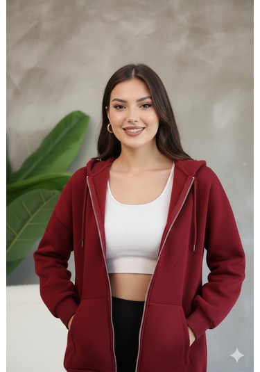 Kadın Genç Unisex Cepli Kapüşonlu Fermuarlı Sweatshirt Hırka Bordo