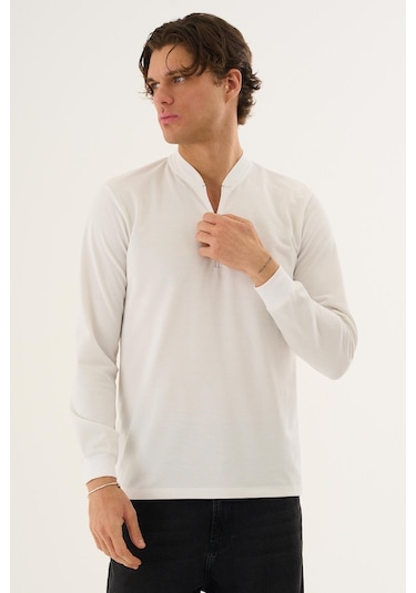 Yarım Fermuarlı Erkek Sweatshirt Beyaz