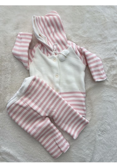 Örgü Kapşonlu Çizgili Çift Kat Hırka Pembe