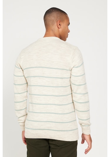 AC&Co / Altınyıldız Classics Erkek Bej Mınt Standart Fit Normal Kesim Bisiklet Yaka Çizgili Triko Bej