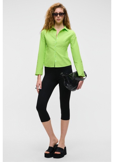 GRINNE Kadın Slim Gömlek Yaka Uzun Kollu İnce Uzun Fıstık Yeşili Gömlek