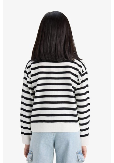 Defacto Kız Çocuk Standart Fit Bisiklet Yaka Çizgili Triko Kazak C6903a825aubk27 Siyah