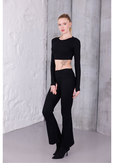 Kadın İspanyol Paça Pantolon Uzun Kollu Parmak Geçirmeli Crop Takım Siyah