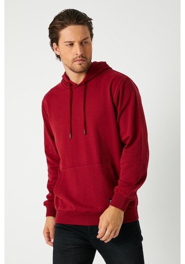 MMetalic Bordo Erkek Kapüşonlu Kanguru Cepli Sweatshirt